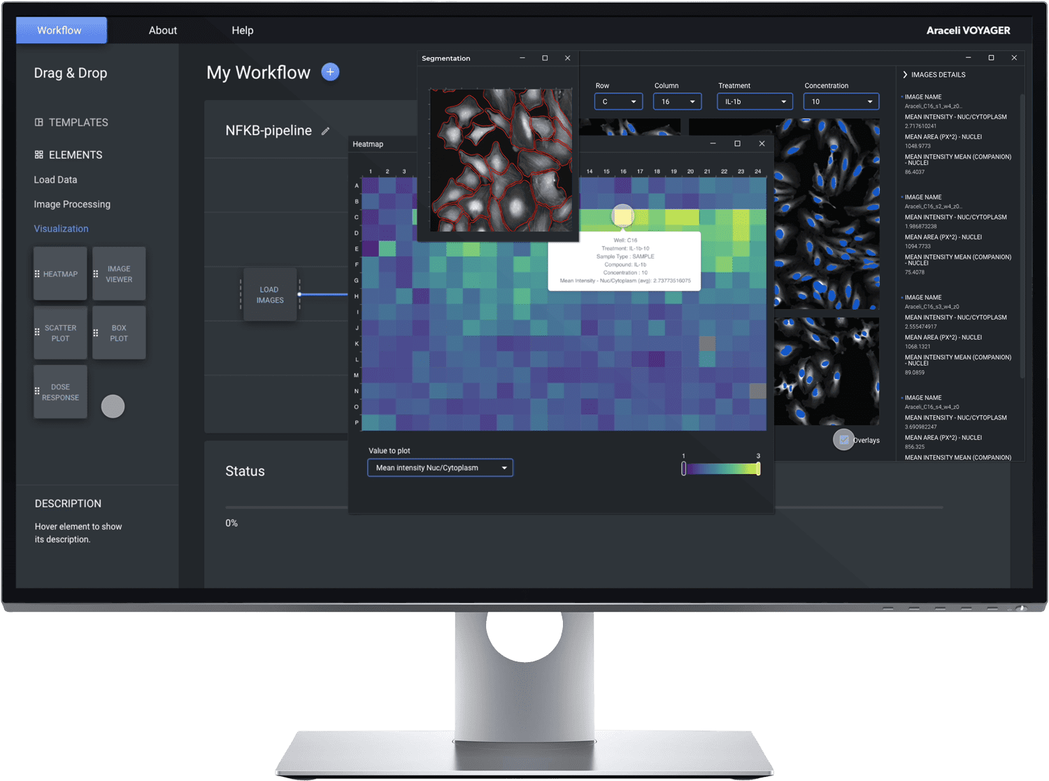 High-tech monitor with displaying the Voyager software: cell segmentation, heatmap, and image comparison, and workflow visualizations, as well as drag and drop functions.